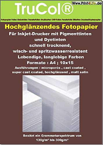 Fotopapier Glossy DIN A4 270g/qm 300 Blatt hochglänzend wischfest mikroporöus Spezialbeschichtung von trucol