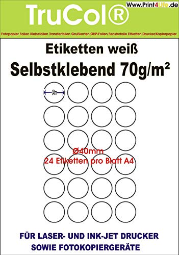 Runde Etiketten 40 mm Durchmesser 2400 Markierungspunkte selbstklebend blanko weiß rund auf A4 Bogen - 100 DIN A4 Bogen à 3x8 Ø 40mm Labels von trucol