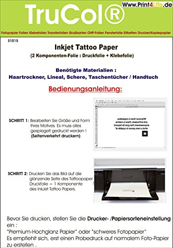 Tattoo – Transferfolie FÜR DIE Haut - zum aufkleben und selbst gestalten - für Inkjet Tintenstrahldrucker (A4 – 5 Blatt) - Tattoofolien von trucol