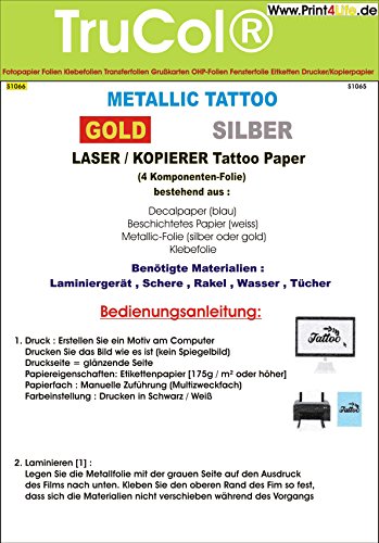 Tattoo – Transferfolie Gold FÜR DIE Haut – Metallic Tattoo Gold - zum aufkleben und selbst gestalten - für Laserdrucker und Kopierer (A4 – 5 Blatt) - Tattoofolien von trucol