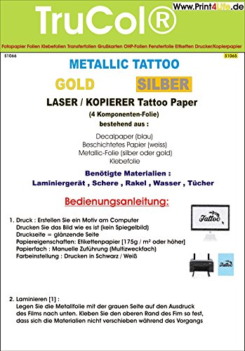 Tattoo – Transferfolie Silber FÜR DIE Haut – Metallic Tattoo Silber - zum aufkleben und selbst gestalten - für Laserdrucker und Kopierer (A4 – 5 Blatt) - Tattoofolien von trucol