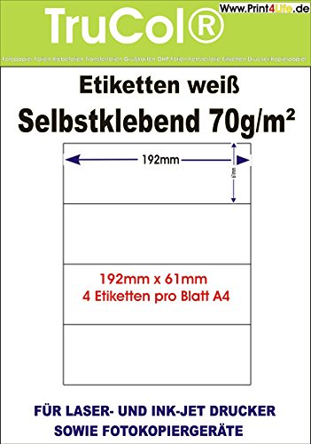 Universal-Etiketten Internetmarke (192 x 61 mm auf DIN A4 Premium Papier, matt,) 100 Stück auf 25 Blatt, weiß, bedruckbar, für B4-, C4- und C5-Briefumschläge von trucol