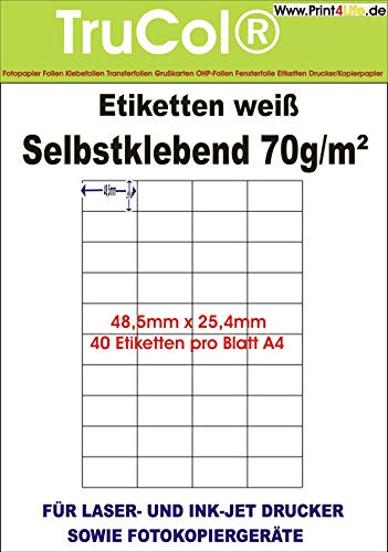 Universal-Etiketten Internetmarke (48.5 x 25.4 mm auf DIN A4 Premium Papier, matt,) 1000 Stück auf 25 Blatt, weiß, bedruckbar, für B4-, C4- und C5-Briefumschläge von trucol