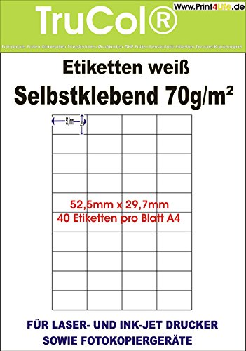 Universal-Etiketten Internetmarke (52.5 x 29.7 mm auf DIN A4 Premium Papier, matt,) 1000 Stück auf 25 Blatt, weiß, bedruckbar, für B4-, C4- und C5-Briefumschläge von trucol