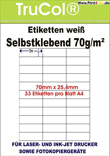 trucol 3300 Universal Qualitäts Etiketten 70 x 25,4 mm selbstklebend weiß bedruckbar - 100 DIN A4 Bogen à 3x11 70x25.4 Labels von trucol