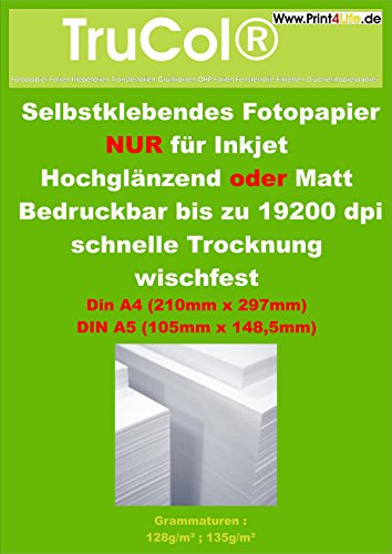 trucol 50 Blatt A4 selbstklebendes FOTOPAPIER MATT Etiketten DIN A4 für Tintenstrahldrucker 210 x 297mm 128g/m² von trucol