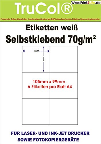 trucol 600 Universal Qualitäts Etiketten 105 x 99 mm selbstklebend weiß bedruckbar - 100 DIN A4 Bogen à 2x3 105x99 Labels von trucol