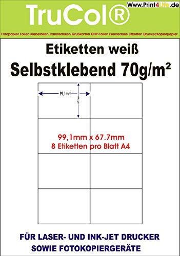 trucol 800 Universal Qualitäts Etiketten 99,1 x 67,7 mm selbstklebend weiß bedruckbar - 100 DIN A4 Bogen à 2x4 99.1x67.7 Labels von trucol