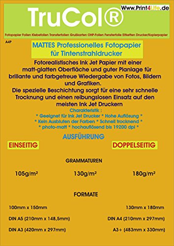 trucol DIN A4 Inkjet Papier, Photo – matt, 130g /m², 100 Blatt, 2-seitig beschichtet von trucol