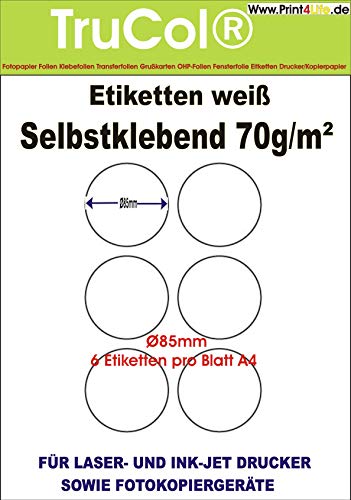 trucol Runde Etiketten 85 mm Durchmesser 600 Markierungspunkte selbstklebend blanko weiß rund auf A4 Bogen - 100 DIN A4 Bogen à 2x3 Ø 85mm Labels von trucol