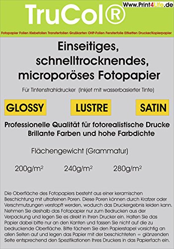 trucol Schnelltrocknendes Seidenmattes Profi- Fotopapier mit mikroporöse Oberfläche Inkjet 280 g/m2 Premium Fotopapier Satin DIN A4 x 200 Blatt von trucol