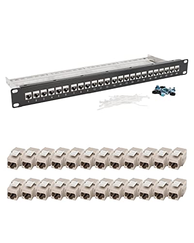 tsnetworks 24 Port Patchpanel 1HE 19 Zoll inkl. 24x Cat. 8.1 Keystone Modul RJ45 Buchse 40Gbits STP vollgeschirmt für AWG22-24 Verlegekabel Cat. 7a, Cat. 7, Cat. 6, Cat. 6a Netzwerk Patchfeld Set von tsnetworks