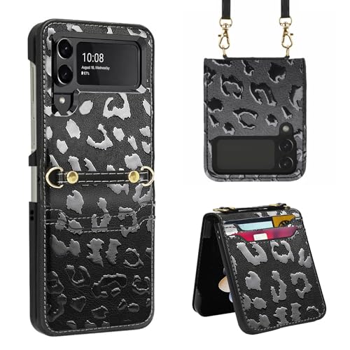 uCOLOR Crossbody Flip Case für Samsung Galaxy Z Flip 4 Hülle 5G (2023) Brieftasche mit Kartenfächern Schulter-Handgelenkschlaufen (Black Leopard, Z Flip 4) von uCOLOR