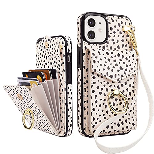 uCOLOR Kompatibel mit iPhone 11 6,1 Zoll Wallet Case mit Kartenfach 360 ° Drehung Ringhalter Ständer RFID Blocking Schutzhülle Handyhülle Flip Case für iPhone 11 6,1 Zoll (Mandel Latte Polka Dot) von uCOLOR