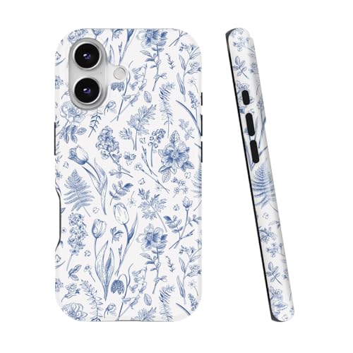 uCOLOR Kompatibel mit iPhone 16 15,5 cm (6,1 Zoll) Hülle, [2,4 m Falltest], stoßfestes Design, schützende, schlanke, stilvolle TPU-Schutzhülle (blaue Toile Flowers) (16) von uCOLOR
