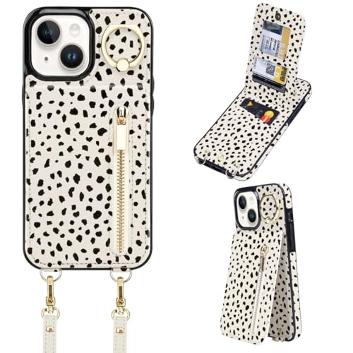 uCOLOR Schutzhülle für iPhone 13/14/15, Brieftaschen-Schutzhülle mit Kartenfächern, Crossbody-Reißverschluss, Leder, mit Riemen, Handgelenkring, RFID-Schutz, 15,5 cm (6,1 Zoll), Mandel-Latte Polka Dot von uCOLOR