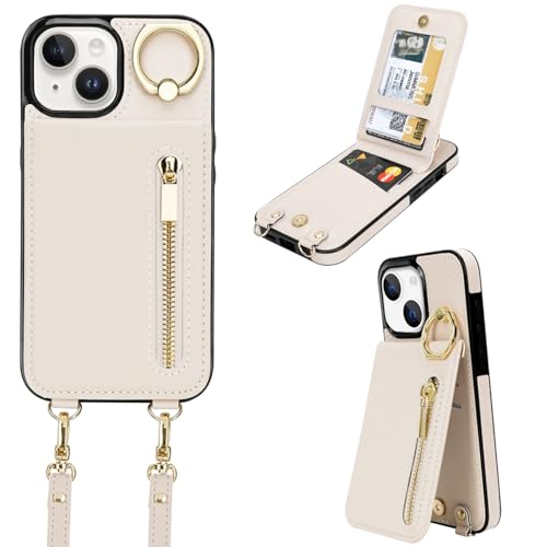 uCOLOR Schutzhülle für iPhone 13/14/15, mit Kartenfächern, Crossbody-Reißverschluss, Leder, mit Riemen, Handgelenkring, RFID-Schutz, 15,5 cm (6,1 Zoll), Aprikose, iPhone 13/14/15, 15,5 cm (6,1 Zoll) von uCOLOR
