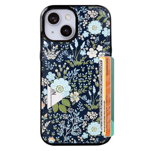 uCOLOR Schutzhülle für iPhone 13/14/15, mit Kartenhalter, schlankes Leder, Brieftaschenformat, Kreditkartenfach, versteckter Kartenschlitz, 15,5 cm (6,1 Zoll), Blau mit Gänseblümchenmotiv von uCOLOR
