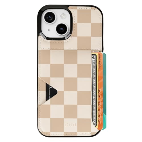 uCOLOR Schutzhülle für iPhone 13/14/15, mit Kartenhalter, schlankes Leder, Brieftaschenformat, Kreditkartenfach, versteckter Kartenschlitz, 15,5 cm (6,1 Zoll), kariert) von uCOLOR