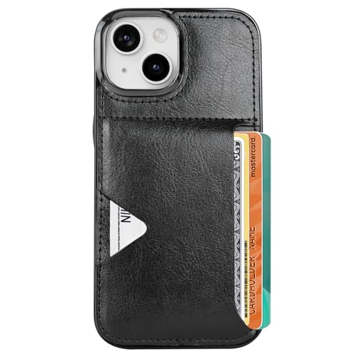 uCOLOR Schutzhülle für iPhone 13/14/15 mit Kartenhalter, schlanke Lederhülle, Kreditkartenfach, versteckter Kartenschlitz, für Damen und Herren, 15,5 cm (6,1 Zoll), Schwarz von uCOLOR