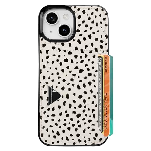 uCOLOR Schutzhülle für iPhone 13 / 14 / 15, mit Kartenhalter, schlankes Leder, Brieftaschenformat, Kreditkartenfach, versteckter Kartenschlitz, 15,5 cm (6,1 Zoll), Mandel-Latte gepunktet von uCOLOR