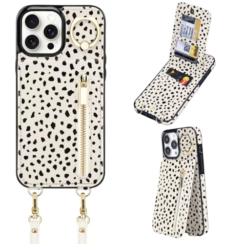 uCOLOR Schutzhülle für iPhone 15 Pro Max mit Kartenfächern, Crossbody-Reißverschluss, Schutzhülle aus Leder mit Riemen, Handgelenkring, RFID-Schutz, 17 cm (6,7 Zoll), Mandel-Latte Polka Dot) von uCOLOR