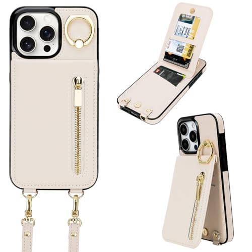 uCOLOR Schutzhülle für iPhone 15 Pro Max mit Kartenfächern, Crossbody-Reißverschluss, Schutzhülle aus Leder mit Riemen, Handgelenkring, RFID-Schutz, 6,7 Zoll (17 cm), Aprikosenbeige von uCOLOR