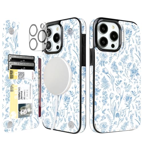uCOLOR Schutzhülle für iPhone 15 Pro Max mit Kartenschlitz. Kompatibel mit MagSafe: Folio-Klapphülle aus PU-Leder, RFID-blockierend, mit Kameralinsenschutz, 17 cm (6,7 Zoll), blaue Toile-Blumen von uCOLOR