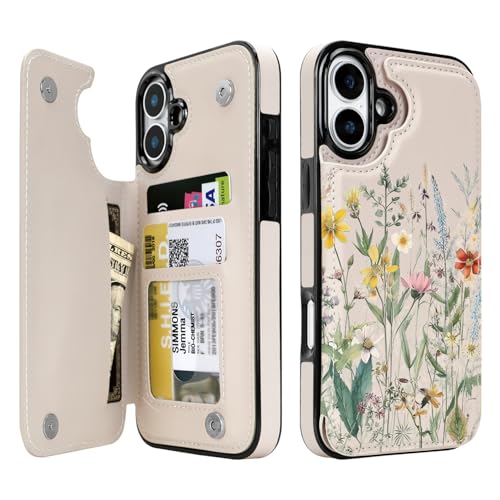 uCOLOR Schutzhülle für iPhone 16, mit Kartenhalter, PU-Leder, RFID-blockierend, Klappetui für Damen und Herren, Magnetverschluss, Ständer-Design, 15,5 cm (6,1 Zoll), Wüstenblume) von uCOLOR