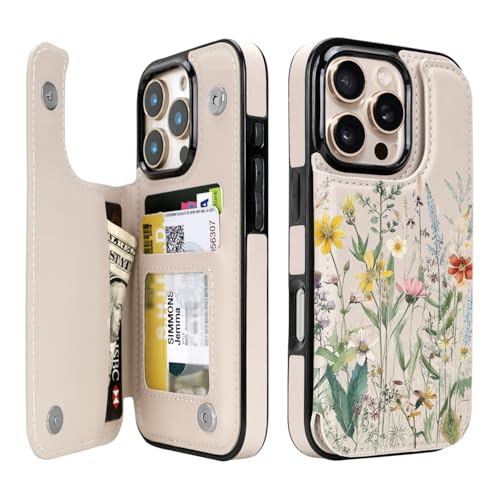 uCOLOR Schutzhülle für iPhone 16 Pro, Brieftaschen-Schutzhülle mit Kartenhalter, PU-Leder, RFID-blockierend, für Damen und Herren, Design (Wüstenblume) (iPhone 16 Pro) von uCOLOR