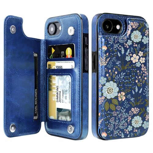 uCOLOR Schutzhülle für iPhone 16E, 15,5 cm (6,1 Zoll), mit Kartenschlitz, Folio-Klapphülle aus Leder, Ständer, Magnetverschluss und RFID-blockierendem Design, kompatibel mit iPhone 16e (Blue Daisy von uCOLOR