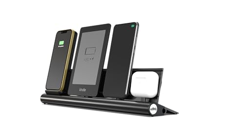 Aluminium induktiv Ladestation mit 4 Anschlüssen udoq 400 für Smartphones und andere Geräte mit USB-C, Lightning und QI Ladefunktion, dunkelgrau von udoq