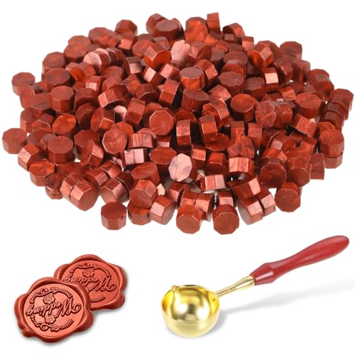 300 Stück Siegelwachs Gold Siegelwachs Perlen Wachssiegel Set Achteckige Siegellackperlen mit 1 Wachsschmelzlöffel Veganes Siegelwachs für Einladungen Karten Umschläge Weinpakete (Rotes Gold) von ueslwser