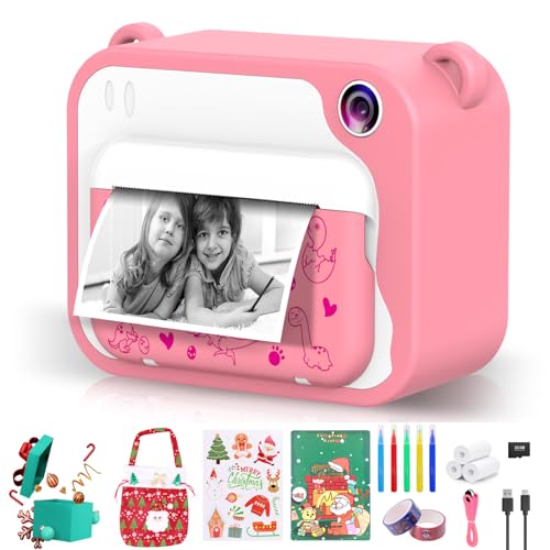 Ukuu KinderKamera 2,4 Zoll 1080P Sofortbildkamera mit 3 Rollen Druckpapier und 5 Farben Pinselstift Kinder Schwarzweiß Fotokamera mit 32GB Speicherkarte Rosa von ukuu