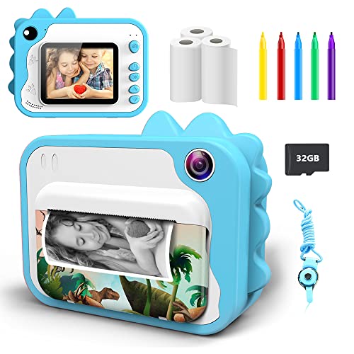 Ukuu KinderKamera 2,4 Zoll Bildschirm Print Sofortbildkamera für Kinder 1080P Digitalkamera mit 3 Rollen Druckpapier und 5 Farben Pinselstift, Videokamera Schwarzweiß Fotokamera mit 32GB SD Karte von ukuu