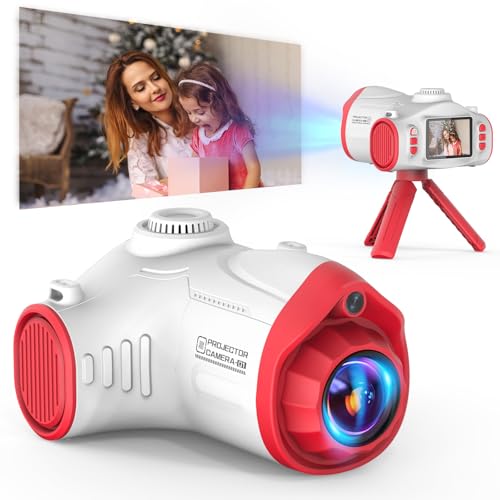Ukuu Kinderkamera Beamer, 2-in-1 Digitalkamera und Projektor mit Stativ 32G TF-Karte und 2500mAh Akku Kinderkamera Projektor Geschenk für Kinder 3-12 Jahren Rot von ukuu