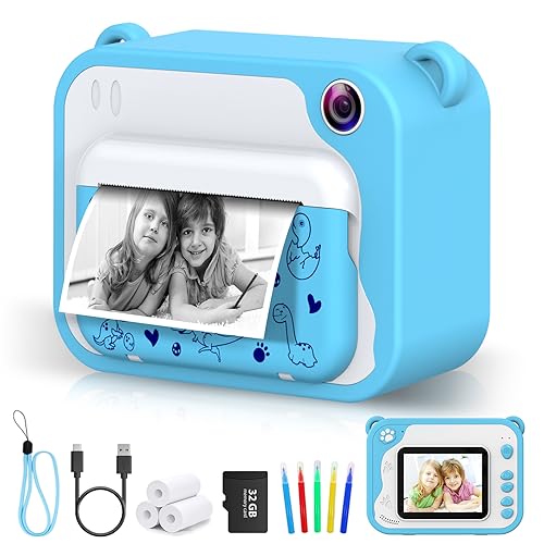 Ukuu Sofortbildkamera 2,4 Zoll 1080P KinderKamera mit 3 Rollen Druckpapier und 5 Farben Pinselstift Geschenk für Kinder Bildschirm Schwarzweiß Fotokamera mit 32GB Speicherkarte für Weihnachten - Blau von ukuu