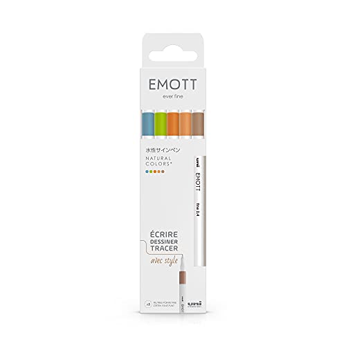 Emott Uni Ball – Uni Mitsubishi Pencil – 5 Filzstifte Natural Colors – zum Schreiben, Zeichnen, Plotten mit Stil – feine Spitze 0,4 mm – Hellgrün, Sachsenblau, Beige, Orange, Lachsrosa von uni-ball