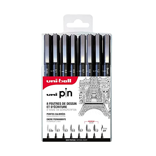 Mitsubishi Pencil – 8 Schreib- und Zeichenstifte, Uni-Pin-Spitzen, ultradünn, breite und Pinsel, zum Schreiben, Zeichnen, Tracker, Schreiben, Schwarze Tinte von uni-ball