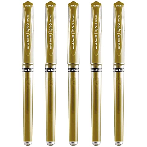 Uni Ball Signo Tintenroller, breit, Metallic-Gel-Tinte, 1 mm, Spitze, 0,65 mm, Strichbreite mit Gummigriff, UM-153, 5 Stück, goldfarben von uni-ball