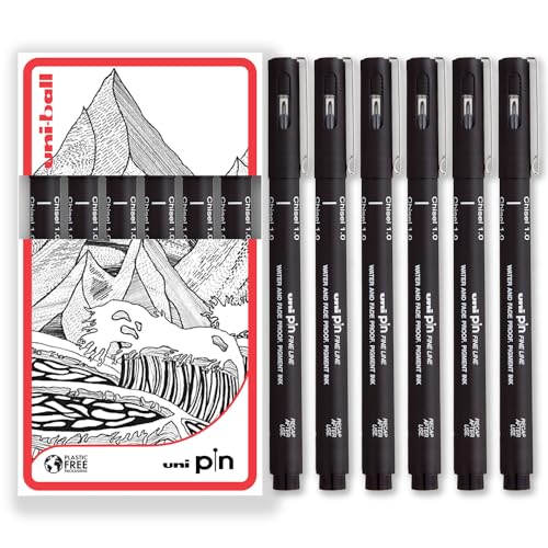 Uni Pin Fineliner Zeichenstifte, Keilspitze, schwarze Tinte, 1,0 mm Spitze, 6 Stück von uni-ball