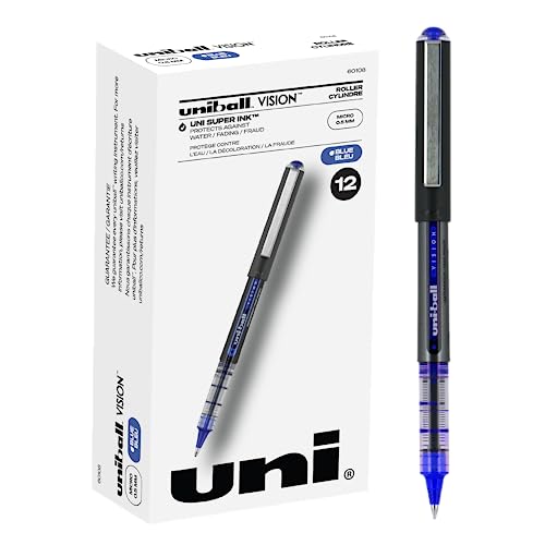 Uniball Vision Tintenroller, blaue Stifte, 12 Stück, Micro Point Stifte mit 0,5 mm blauer Tinte, schwarze Tinte, Stifte feine Spitze, glattes Schreiben, Großstifte und Bürobedarf von uni-ball