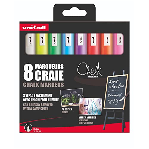 uni-ball Chalk Marker – Uni Mitsubishi Pencil – Kreidemarker PWE-5M – vorübergehende Markierung, regenfest, konische Spitze, Medium, Verpackung Zero Kunststoff – Set mit 8 verschiedenen Farben von uni-ball