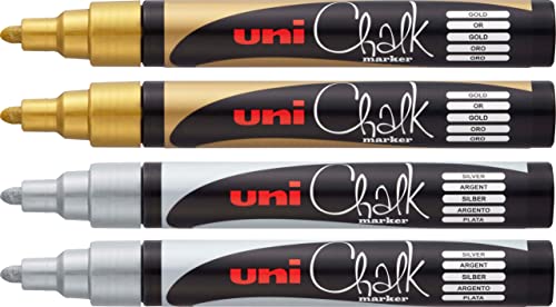 uni-ball - Fenster- & Kreidemarker UNI CHALK, 1,8-2,5 mm, Rundspitze (2x Silber + 2x Gold) von Uni-Ball