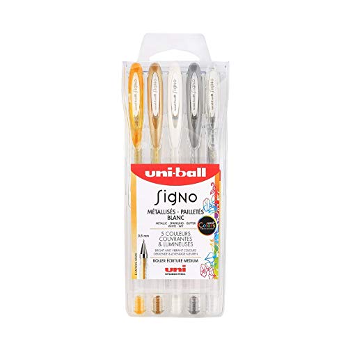 uni-ball Mitsubishi Pencil – 5 Gelschreiber Signo – Farben Glitzer – Spitze 1 mm – breite Schrift – Kreative Inlineskates für Karten und kreative Hobbys von uni-ball