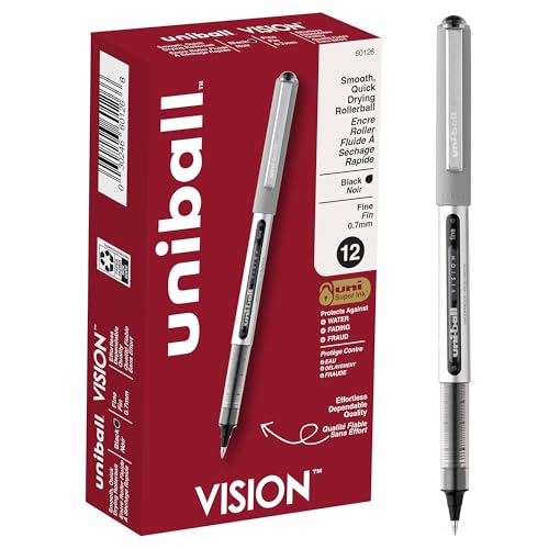 Uni-Ball Vision Tintenroller, schwarze Stifte, 12 Stück, 0,7 mm feine Spitze, mittlere schwarze Tinte, Lehrer-Stift, japanische Stifte, glattes Schreiben, Tagebuch-Stifte, Schul- und Bürobedarf von Uni-Ball