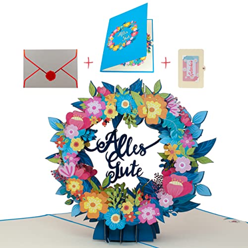 uniqHeart® Handgemachte 3D Pop-Up Karte Alles Gute Blumen-Kranz -inkl. edlem Wachs-Siegel und elegantem Geschenk-Umschlag - Blumen-Karte - statt Blumen-Strauss - Glückwunsch zum Geburtstag - Muttertag von uniqHeart
