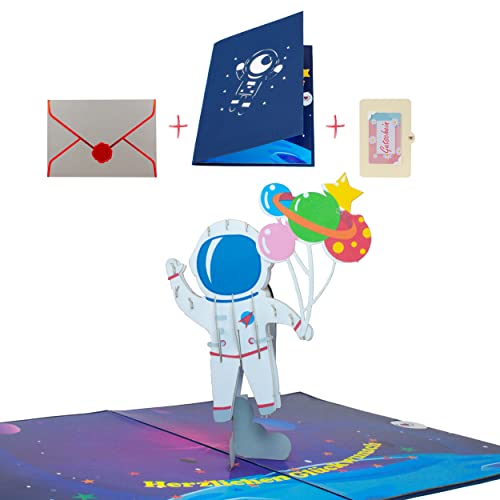 uniqHeart® Handgemachte 3D Pop-Up Karte Astronaut - inkl. edlem Wachs-Siegel und elegantem Geschenk-Umschlag - ausgefallene Kinder-Geburtstag Glückwunsch-Karte - Weltall - Weltraum - Universum von uniqHeart