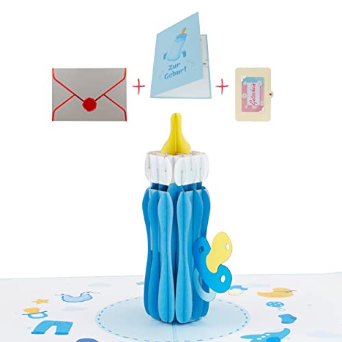 uniqHeart® Handgemachte 3D Pop-Up Karte Baby Flasche - inkl. edlem Wachs-Siegel und elegantem Geschenk-Umschlag - Baby-Karte blau - Junge - Boy - Sohn - Glückwunsch Zur Geburt - Baby-party von uniqHeart
