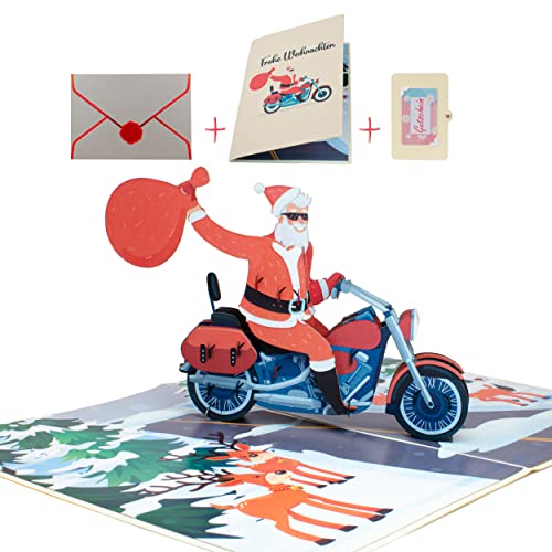 uniqHeart® Handgemachte 3D Pop-Up Weihnachts-Karte Santa Biker -inkl. edlem Wachs-Siegel und elegantem Geschenk-Umschlag - Motorrad-Fahrer - Weihnachts-Grüße für Männer - Xmas - Lustig von uniqHeart